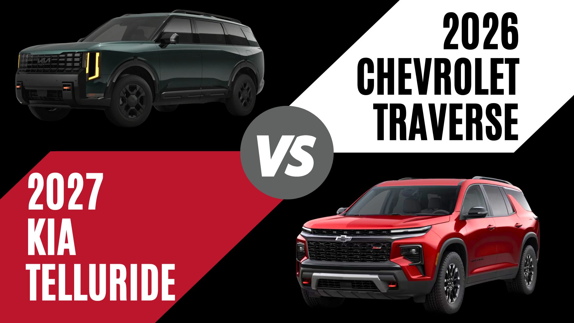 2027 Kia Telluride and 2026 Chevrolet Traverse three-row SUVs compared side by side for families in Fort Smith, Arkansas